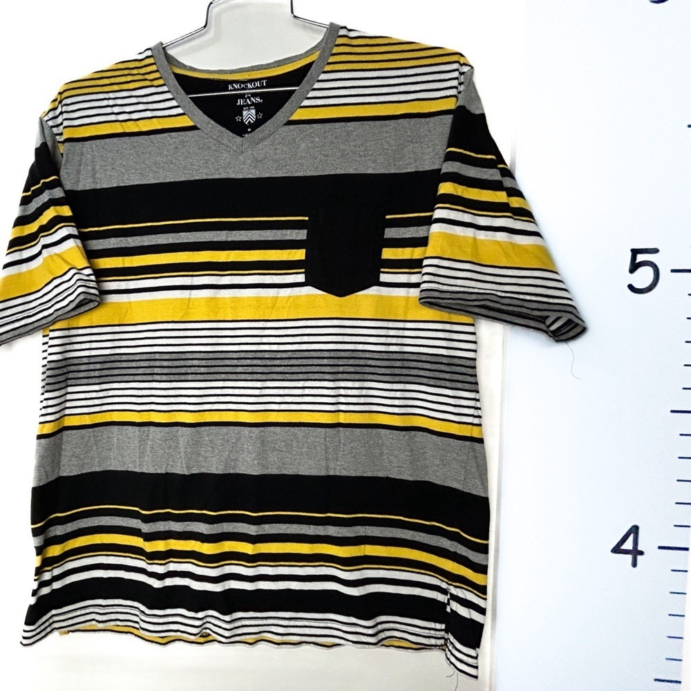 Knock Out‎ Jeans Black/White/Yellow Striped V-Neck T-Shirt Men's XL